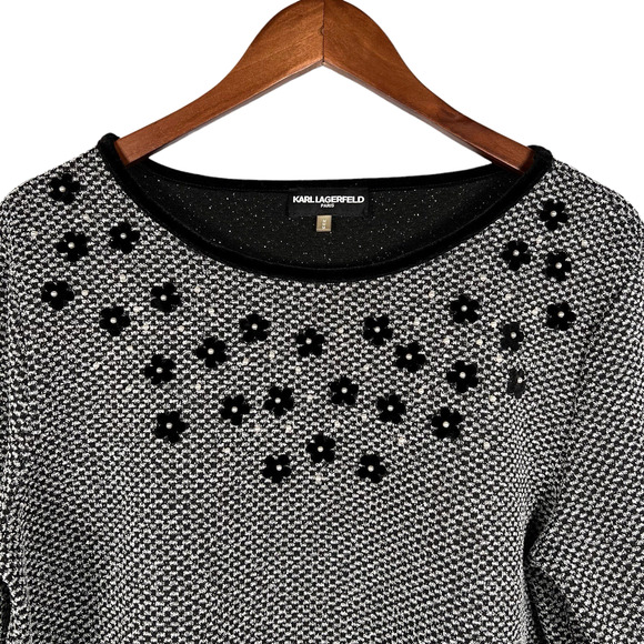 Karl Lagerfeld Paris Womens Black and White Embellished Top Size Medium - Picture 2 of 8